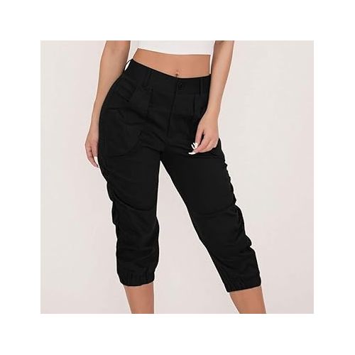 제네릭 Womens Casual Dressy Cpari Pants Ladies Trendy High Waisted Beam Pull On Cargo Cropped Tapered Pant Comfy Baggy Dress Slacks