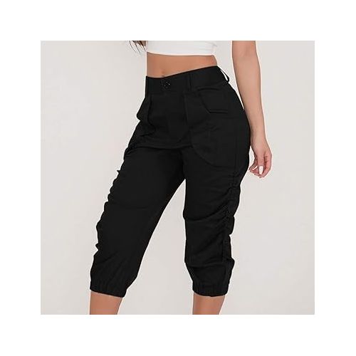 제네릭 Womens Casual Dressy Cpari Pants Ladies Trendy High Waisted Beam Pull On Cargo Cropped Tapered Pant Comfy Baggy Dress Slacks