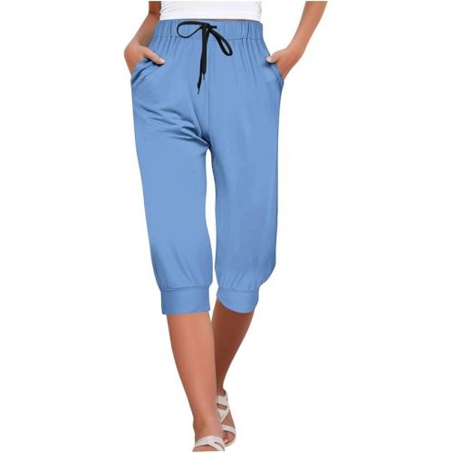 제네릭 Capri Pants for Women 2024 Summer Lightweight High Waisted Cropped Pants Wide Leg Trousers Cropped Pants with Pockets