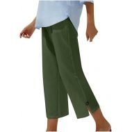 Linen Pants Women Summer Baggy Wide Leg Capri Pants Trendy Casual Button Split Hem Lounge Beach Trousers Cropped Pants