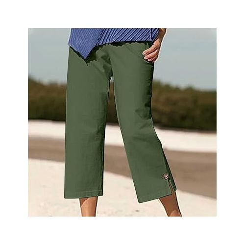 제네릭 Linen Pants Women Summer Baggy Wide Leg Capri Pants Trendy Casual Button Split Hem Lounge Beach Trousers Cropped Pants