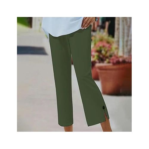 제네릭 Linen Pants Women Summer Baggy Wide Leg Capri Pants Trendy Casual Button Split Hem Lounge Beach Trousers Cropped Pants