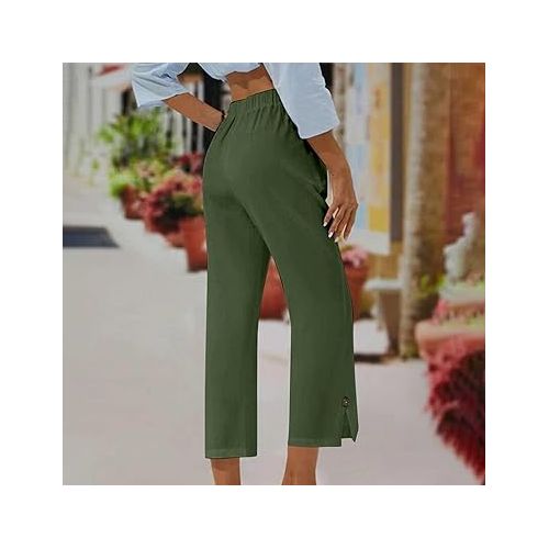 제네릭 Linen Pants Women Summer Baggy Wide Leg Capri Pants Trendy Casual Button Split Hem Lounge Beach Trousers Cropped Pants