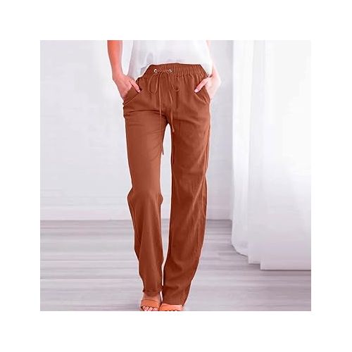 제네릭 Women's Cotton Linen Pants Drawstring Wide Leg Capri Palazzo Pants Casual Comfy Pant Trousers Work Casual