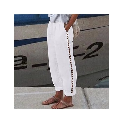 제네릭 Linen Blend Wide Leg Pants High Waist Loose Casual Trouser Casual Flowy Palazzo Pants Trousers with Pockets Capris