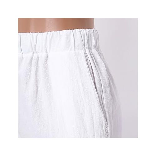 제네릭 Linen Blend Wide Leg Pants High Waist Loose Casual Trouser Casual Flowy Palazzo Pants Trousers with Pockets Capris