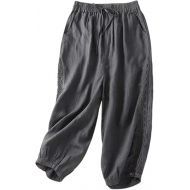 Capri Pants for Women Casual Summer Elastic Waist Drawstring Cotton Linen Palazzo Pants Loose Fit Crop Capris with Pockets
