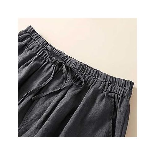 제네릭 Capri Pants for Women Casual Summer Elastic Waist Drawstring Cotton Linen Palazzo Pants Loose Fit Crop Capris with Pockets