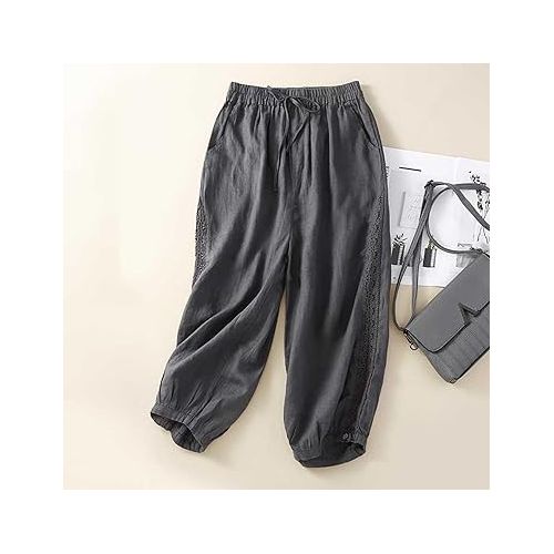 제네릭 Capri Pants for Women Casual Summer Elastic Waist Drawstring Cotton Linen Palazzo Pants Loose Fit Crop Capris with Pockets