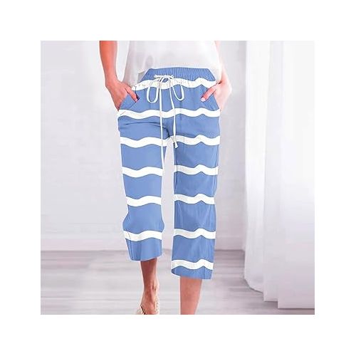 제네릭 Womens Capri Pants Dressy Casual 2024 Summer Drawstring Elastic Waist Linen Pants Loose Cropped Pants with Pockets