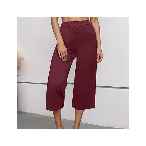 제네릭 Womens Capri Pants for Summer Trendy Casual Elastic Waist Ladies Capri Pants Loose Wide Leg Lounge Vacation Beach Pants