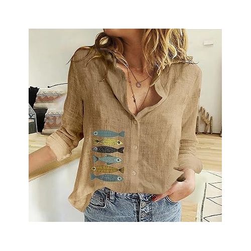 제네릭 Womens Cotton Linen 3/4 Sleeve Length Y2K Tops Cute Graphic Tee Solid Color Button Down Shirts Oversized Tshirts for Women