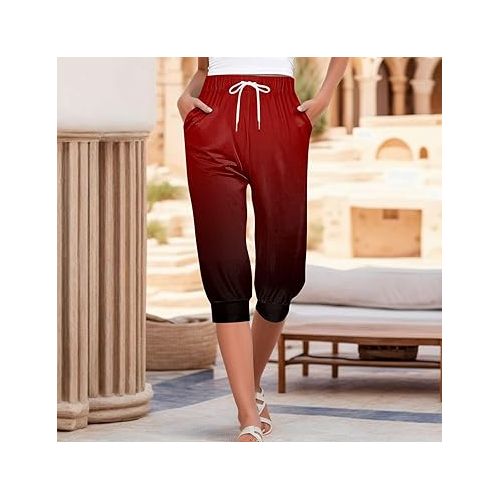 제네릭 Womens Capri Pants Waisted Cropped Pants Casual Drawstring Hiking Jogger Pants Wide Leg Trousers Cropped Pants