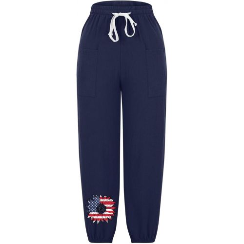 제네릭 Women Linen Pants 4th of July High Waist Drawstring Casual Pant American Flag Floral Print Cropped Pant with Pocket