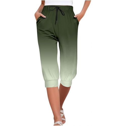 제네릭 Womens Capri Pants Waisted Cropped Pants Casual Drawstring Hiking Jogger Pants Straight Wide Leg Cropped Trousers