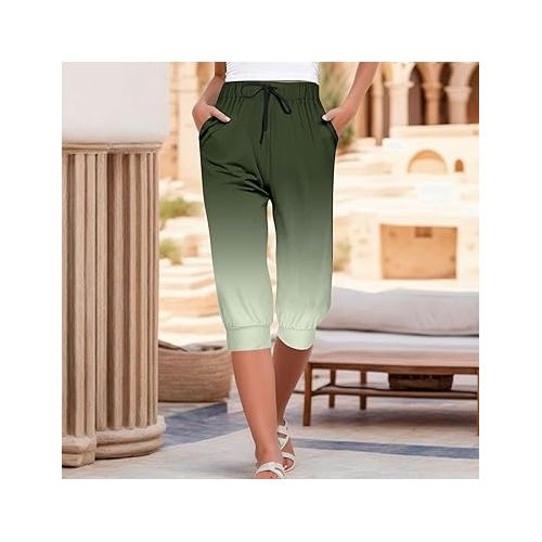 제네릭 Womens Capri Pants Waisted Cropped Pants Casual Drawstring Hiking Jogger Pants Straight Wide Leg Cropped Trousers