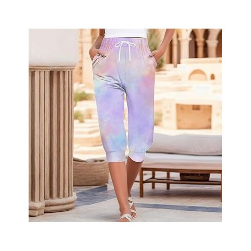 제네릭 Capri Pants for Women Lounge Pants Wide Leg Drawstring Waisted Pants Wide Leg Trousers Cropped Pants with Pockets