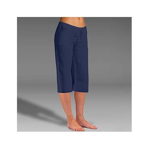제네릭 Capri Pants for Women Dressy Casual Straight Leg Linen Pants Solid Elastic Waist Comfy Breathable Summer Lounge Pant