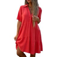 Cotton Linen Dresses for Women 2024 Summer Casual Lapel V Neck Short Sleeve Midi Dress Plus Size Beach Vacation Sundress