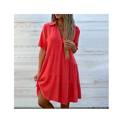 제네릭 Cotton Linen Dresses for Women 2024 Summer Casual Lapel V Neck Short Sleeve Midi Dress Plus Size Beach Vacation Sundress