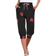 Womens Capris Pants High Waist Drawstring Casual Pant Lightweight Heart Print Trousers Cinch Bottom with Pockets