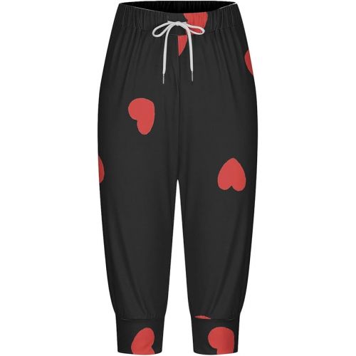 제네릭 Womens Capris Pants High Waist Drawstring Casual Pant Lightweight Heart Print Trousers Cinch Bottom with Pockets