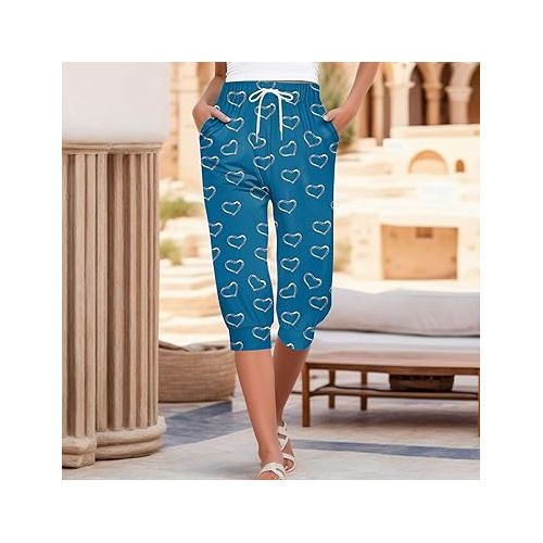 제네릭 Capri Pants for Women Casual 2024 Summer Elastic Waist Cropped Trouser Lightweight Outdoor Cotton Capri Pants