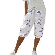 Womens Cotton Linen Knee Length Shorts Lightweight Solid Color Jogger Shorts Ladies Casual Drawstring Floral Capri Pants