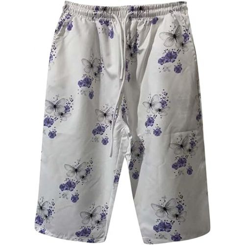 제네릭 Womens Cotton Linen Knee Length Shorts Lightweight Solid Color Jogger Shorts Ladies Casual Drawstring Floral Capri Pants