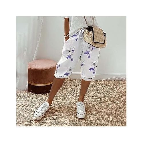 제네릭 Womens Cotton Linen Knee Length Shorts Lightweight Solid Color Jogger Shorts Ladies Casual Drawstring Floral Capri Pants