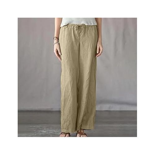 제네릭 Wide Leg Palazzo Pants Women 2024 Plus Size Cotton Linen Drawstring Lounge Trousers Beach Vacation Summer Outfits