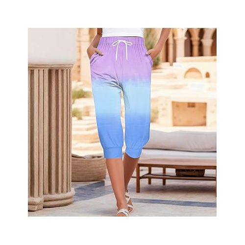 제네릭 Womens Capri Pants Casual 2024 Summer High Waisted Cropped Pants Loose Wide Leg Trousers with Pockets