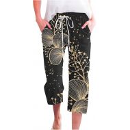 Linen Pants Women Straight Leg Elastic Waist Drawstring Capri Pants Trendy Printed Summer Cropped Trousers with Pockets