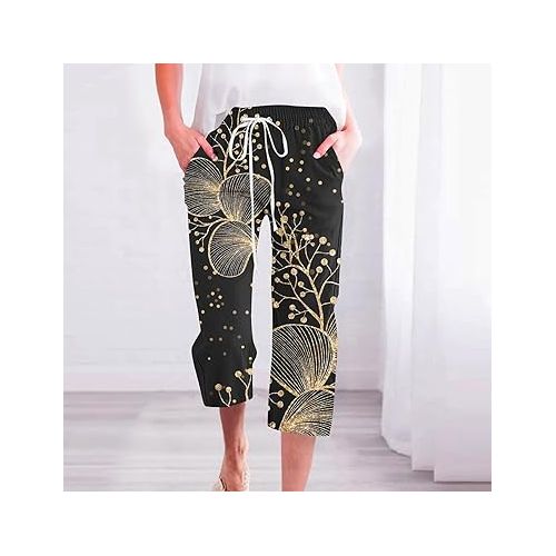 제네릭 Linen Pants Women Straight Leg Elastic Waist Drawstring Capri Pants Trendy Printed Summer Cropped Trousers with Pockets