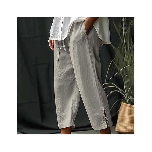 제네릭 Women's Pants 2024 Drawstring Solid Color Cotton Linen Palazzo Pants Flowy Summer Pants Wed Leg Lounge Trousers with Pockets