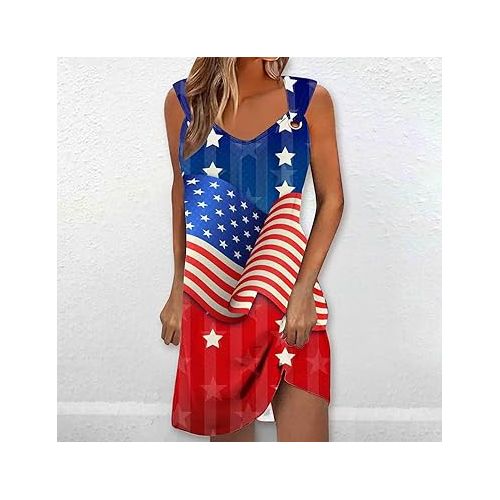 제네릭 Womens 4th of July Dress Casual American Flag USA Independence Day Sundresses Summer Beach Sleeveless Loose Fit Tank Dress