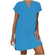 Linen Dresses for Women 2024 Summer Casual V Neck Short Cap Sleeve Sundress Beach Vacation Solid Soft Plus Size Mini Dress