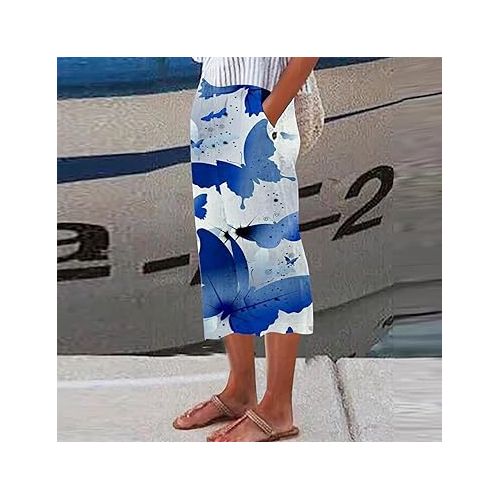 제네릭 Capri Pants for Women Wide Leg Elastic Waist Vintage Printed Lounge Pants Plus Size Loose Resort Beach Summer Capris