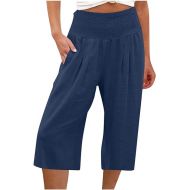 Capri Pants for Women Linen High Elastic Waist Wide Leg Loose Casual Capris Pants Hawaii Beach Flowy Trouser with Pockets