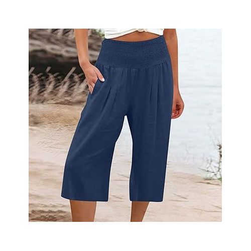 제네릭 Capri Pants for Women Linen High Elastic Waist Wide Leg Loose Casual Capris Pants Hawaii Beach Flowy Trouser with Pockets