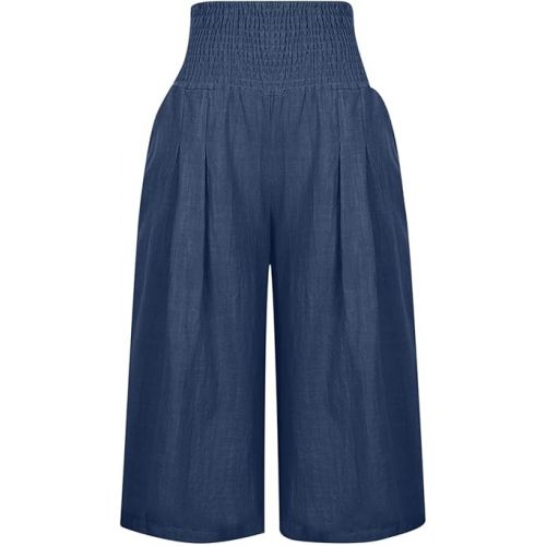 제네릭 Capri Pants for Women Linen High Elastic Waist Wide Leg Loose Casual Capris Pants Hawaii Beach Flowy Trouser with Pockets