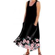Sun Dresses for Women 2024 Cute Beach Sleeveless Tank Dress with Pockets Cotton Summer Casual Boho Floral Long Dress