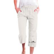 Capri Pants for Women Stretch High Waisted Drawstring Linen Pants with Pockets Casual Straight Leg Summer Capris