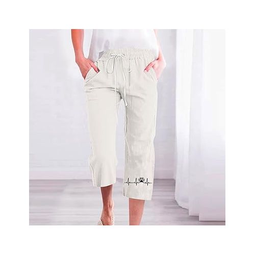 제네릭 Capri Pants for Women Stretch High Waisted Drawstring Linen Pants with Pockets Casual Straight Leg Summer Capris