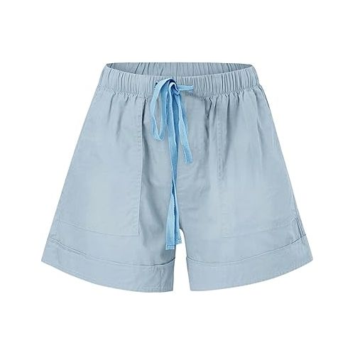 제네릭 Jean Shorts for Women Raw Hem Trendy Folded Hem Pull On Chino Shorts Elastic Waist Stretchy Denim Shorts