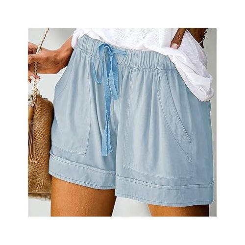 제네릭 Jean Shorts for Women Raw Hem Trendy Folded Hem Pull On Chino Shorts Elastic Waist Stretchy Denim Shorts