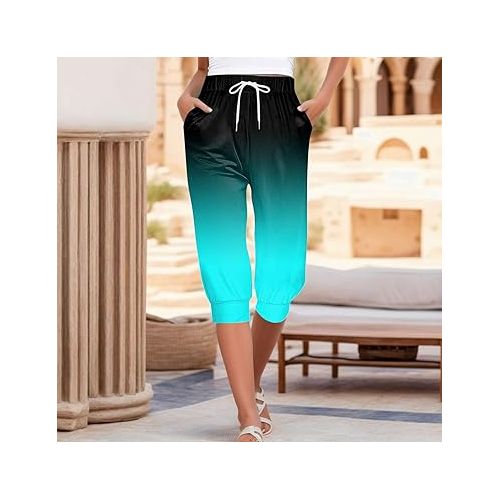 제네릭 Capri Pants for Women Waisted Cropped Pants Casual Drawstring Waisted Pants Straight Wide Leg Plus Size Lounge Capris