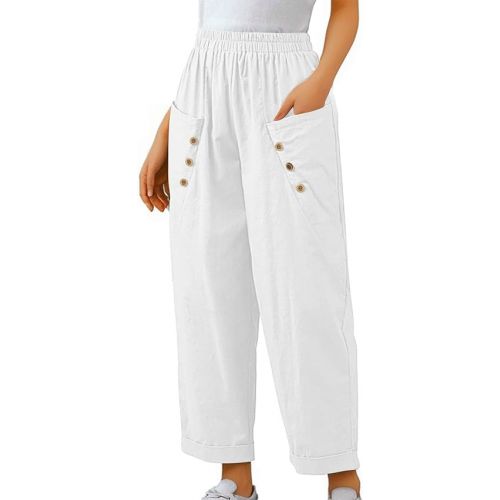 제네릭 Women's Straight Leg Pants Summer Casual Elastic Waist Solid Buttons Trousers Lounge Loose Pants with Pockets