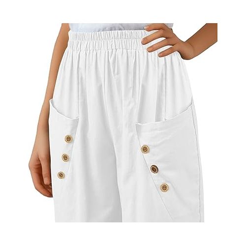 제네릭 Women's Straight Leg Pants Summer Casual Elastic Waist Solid Buttons Trousers Lounge Loose Pants with Pockets