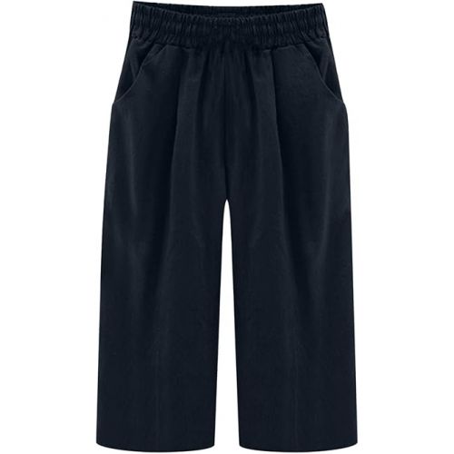 제네릭 Capri Pants for Women Elastic Waist Cotton Linen Beach Lounge Loose Fit Pants Relax Fit Comfy Cropped Trousers with Pockets